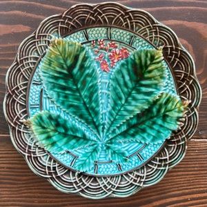 Antique Majolica Overlapping Chestnut leaves and pink floral plate